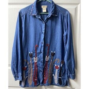 Bobbie Brooks Shirt Womens Small Cat Applique Long Sleeved Button Front Chambray